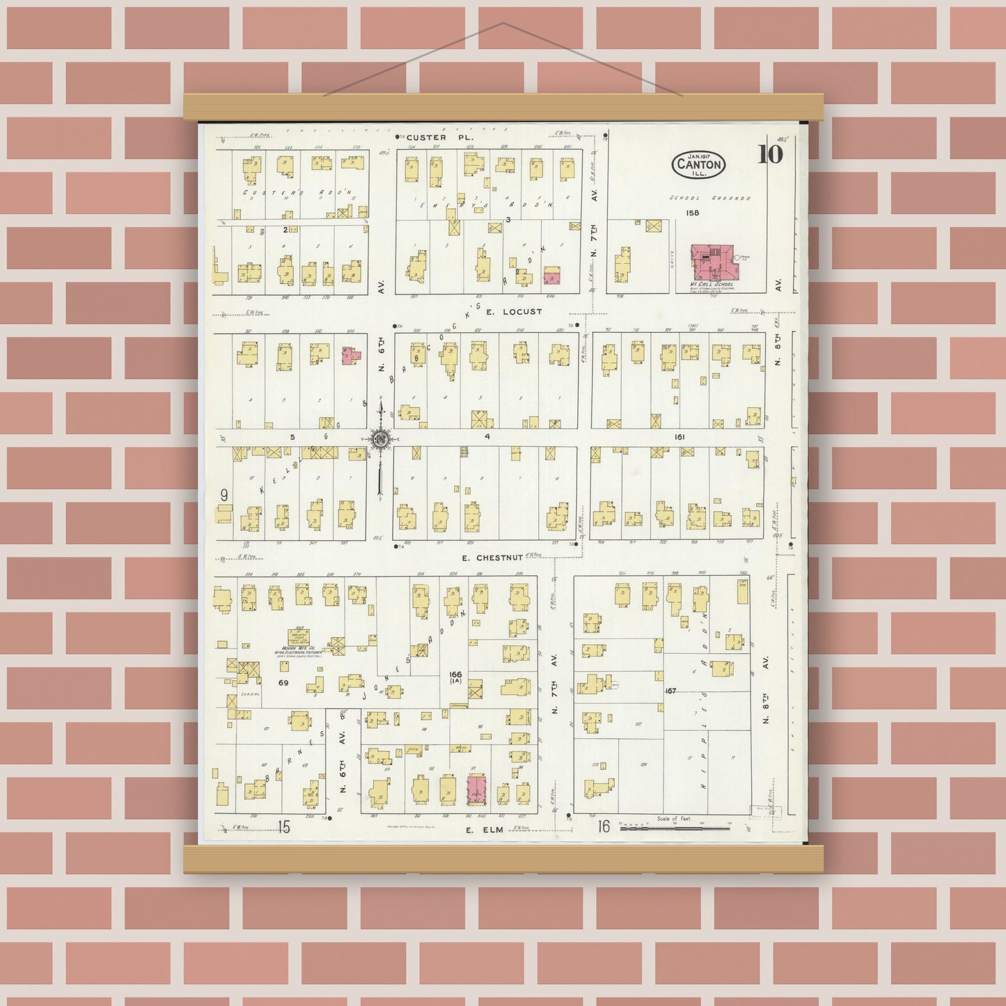 Old map wall art mockup — magnetic wood frame on brick wall — Sanborn Fire Insurance Map from Canton, Fulton County, Illinois (1917), Sheet #0010