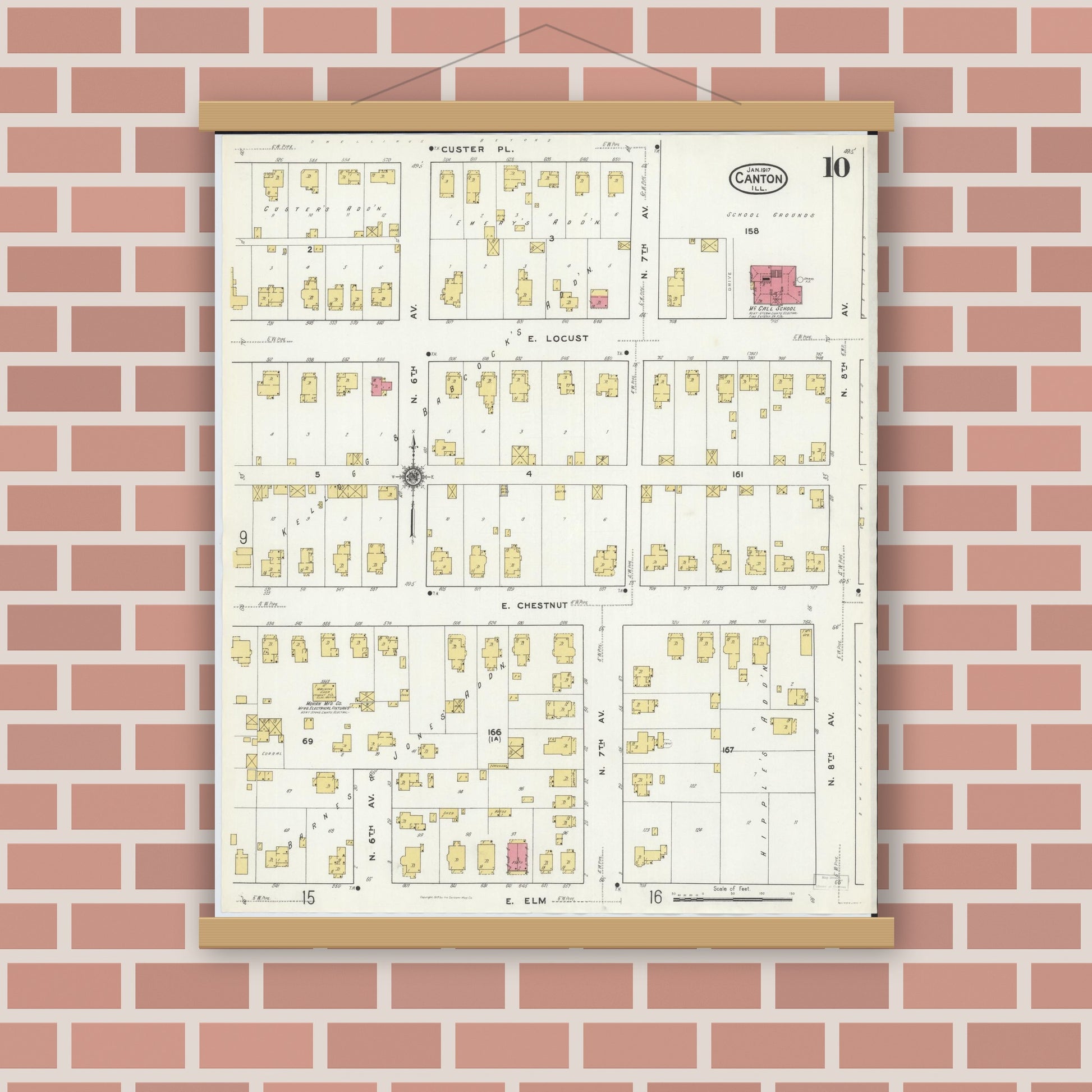 Old map wall art mockup — magnetic wood frame on brick wall — Sanborn Fire Insurance Map from Canton, Fulton County, Illinois (1917), Sheet #0010