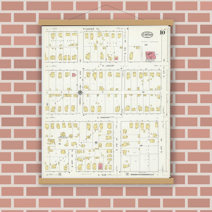 Old map wall art mockup — magnetic wood frame on brick wall — Sanborn Fire Insurance Map from Canton, Fulton County, Illinois (1917), Sheet #0010