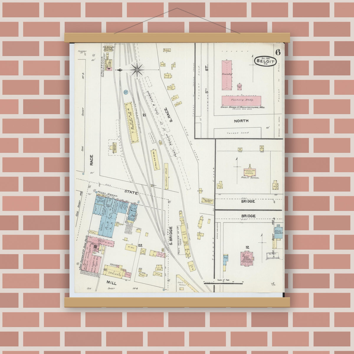 Old map wall art mockup — magnetic wood frame on brick wall — Sanborn Fire Insurance Map from Beloit, Rock County, Wisconsin (1890), Sheet #0006