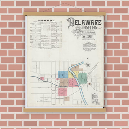 Old map wall art mockup — magnetic wood frame on brick wall — Sanborn Fire Insurance Map from Delaware, Delaware County, Ohio (1890), Sheet #0001