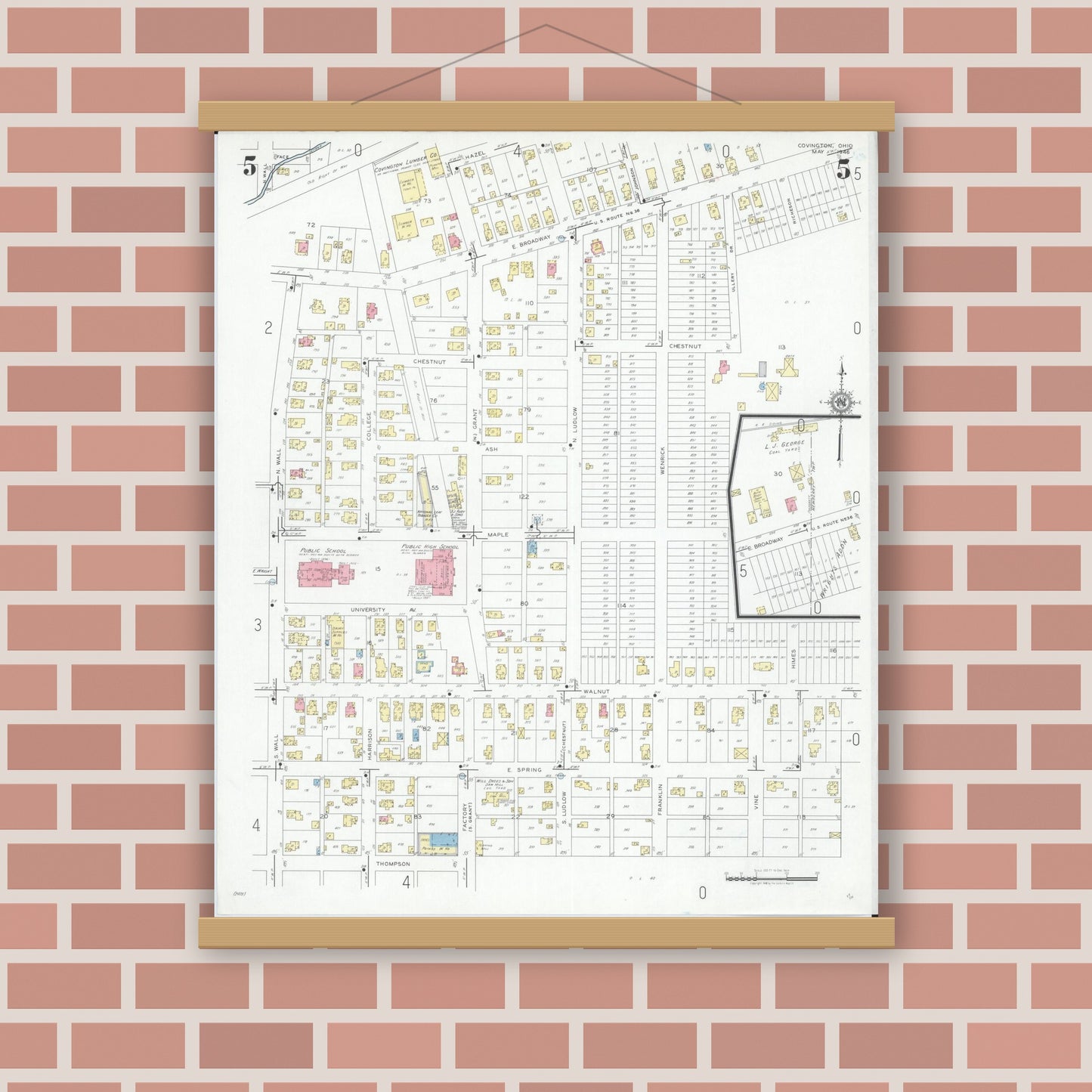 Old map wall art mockup — magnetic wood frame on brick wall — Sanborn Fire Insurance Map from Covington, Miami County, Ohio (1946), Sheet #0005