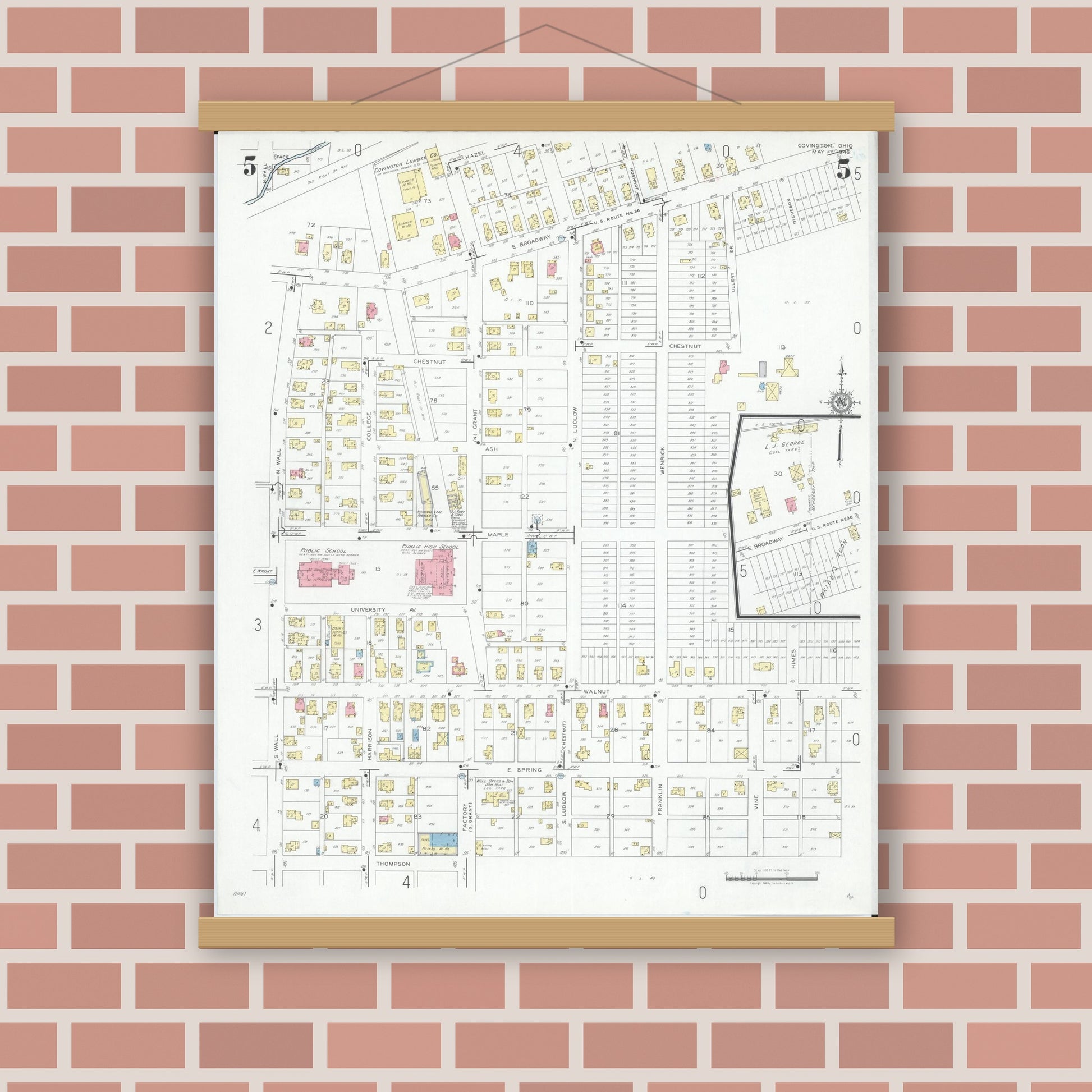 Old map wall art mockup — magnetic wood frame on brick wall — Sanborn Fire Insurance Map from Covington, Miami County, Ohio (1946), Sheet #0005