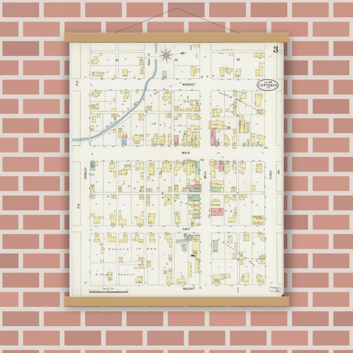 Old map wall art mockup — magnetic wood frame on brick wall — Sanborn Fire Insurance Map from Carthage, Rush County, Indiana (1898), Sheet #0003