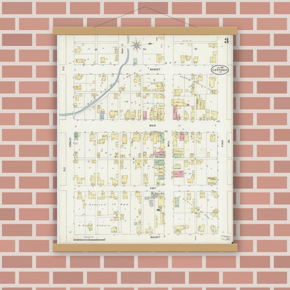 Old map wall art mockup — magnetic wood frame on brick wall — Sanborn Fire Insurance Map from Carthage, Rush County, Indiana (1898), Sheet #0003