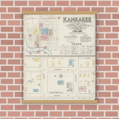 Old map wall art mockup — magnetic wood frame on brick wall — Sanborn Fire Insurance Map from Kankakee, Kankakee County, Illinois (1887) - Complete Map Set