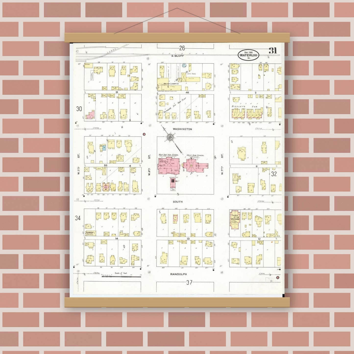 Old map wall art mockup — magnetic wood frame on brick wall — Sanborn Fire Insurance Map from Waterloo, Black Hawk County, Iowa (1910), Sheet #0031