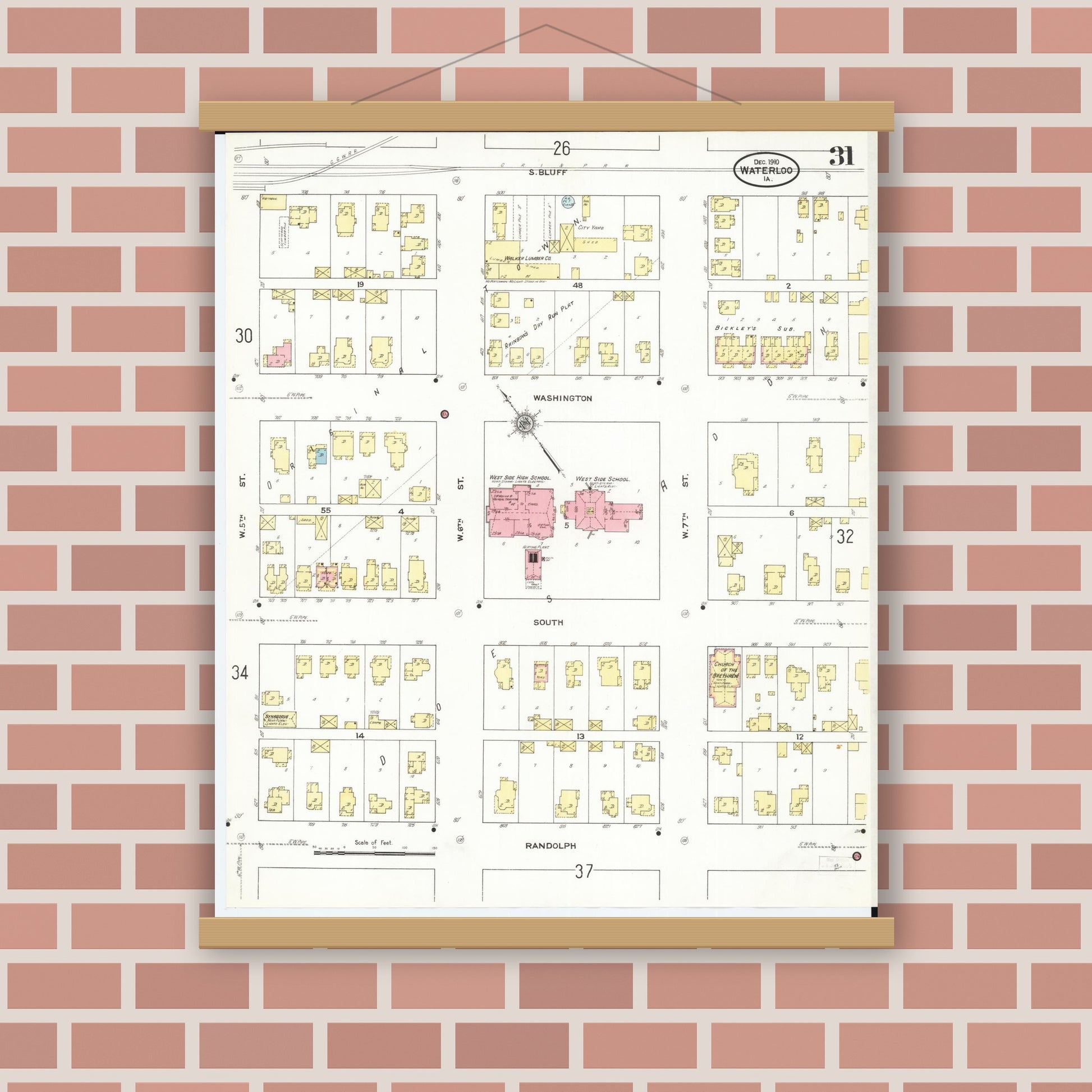 Old map wall art mockup — magnetic wood frame on brick wall — Sanborn Fire Insurance Map from Waterloo, Black Hawk County, Iowa (1910), Sheet #0031