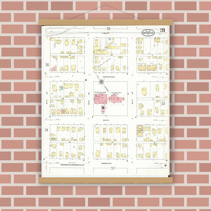 Old map wall art mockup — magnetic wood frame on brick wall — Sanborn Fire Insurance Map from Waterloo, Black Hawk County, Iowa (1910), Sheet #0031