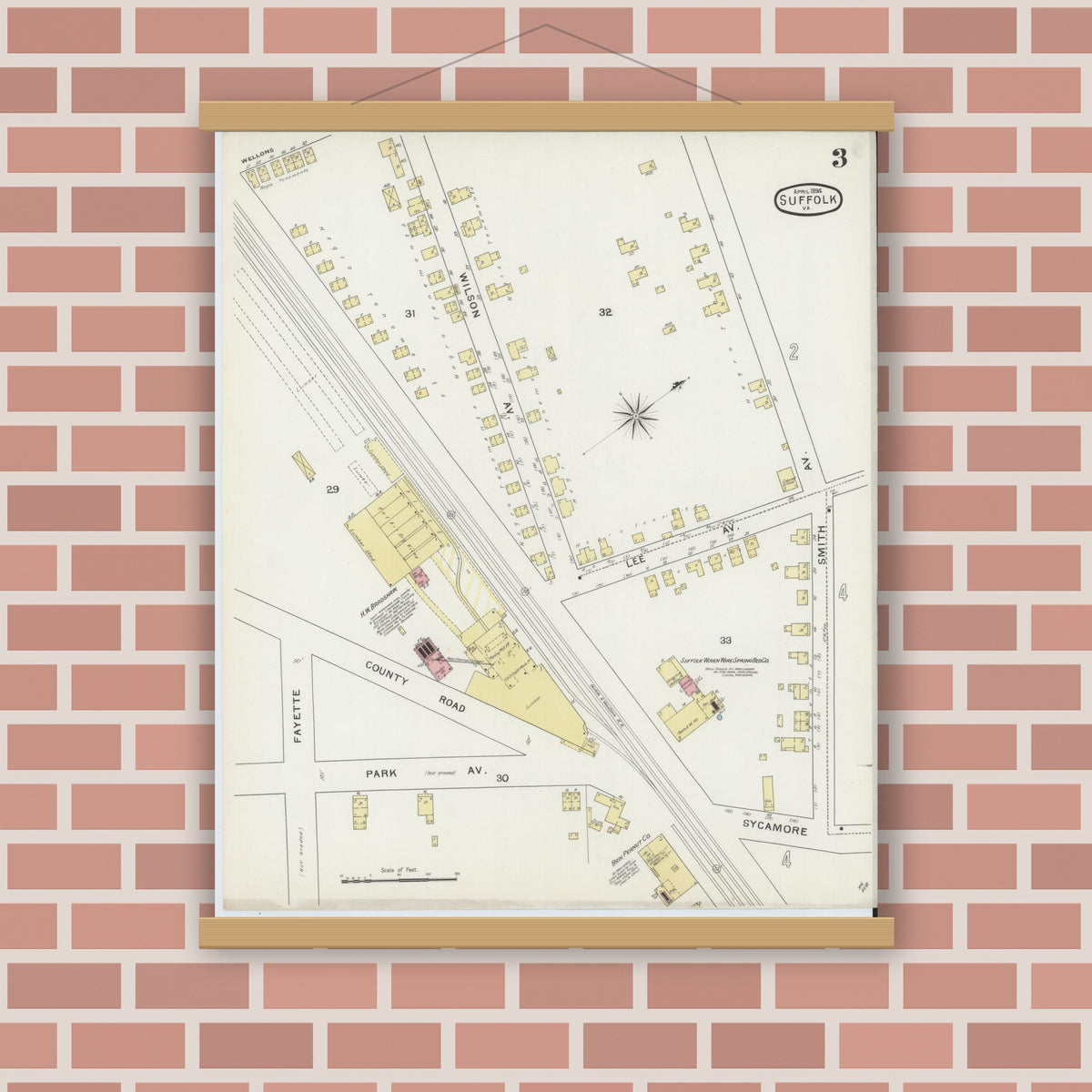 Old map wall art mockup — magnetic wood frame on brick wall — Sanborn Fire Insurance Map from Suffolk, Independent Cities, Virginia (1894), Sheet #0003