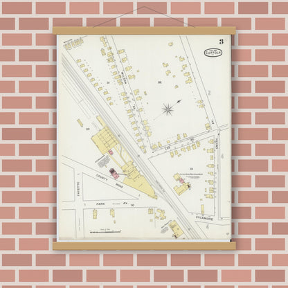 Old map wall art mockup — magnetic wood frame on brick wall — Sanborn Fire Insurance Map from Suffolk, Independent Cities, Virginia (1894), Sheet #0003