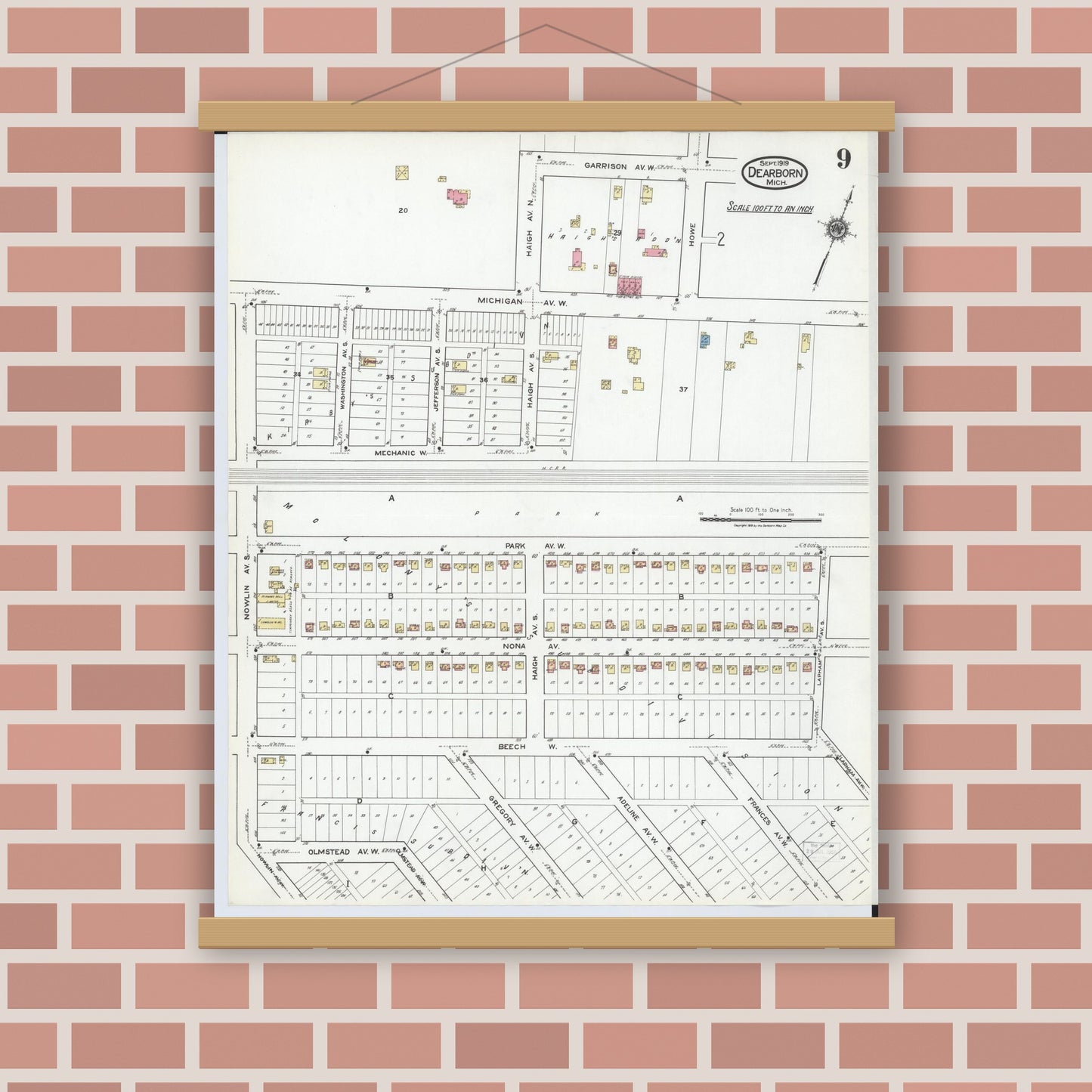 Old map wall art mockup — magnetic wood frame on brick wall — Sanborn Fire Insurance Map from Dearborn, Wayne County, Michigan (1919), Sheet #0009