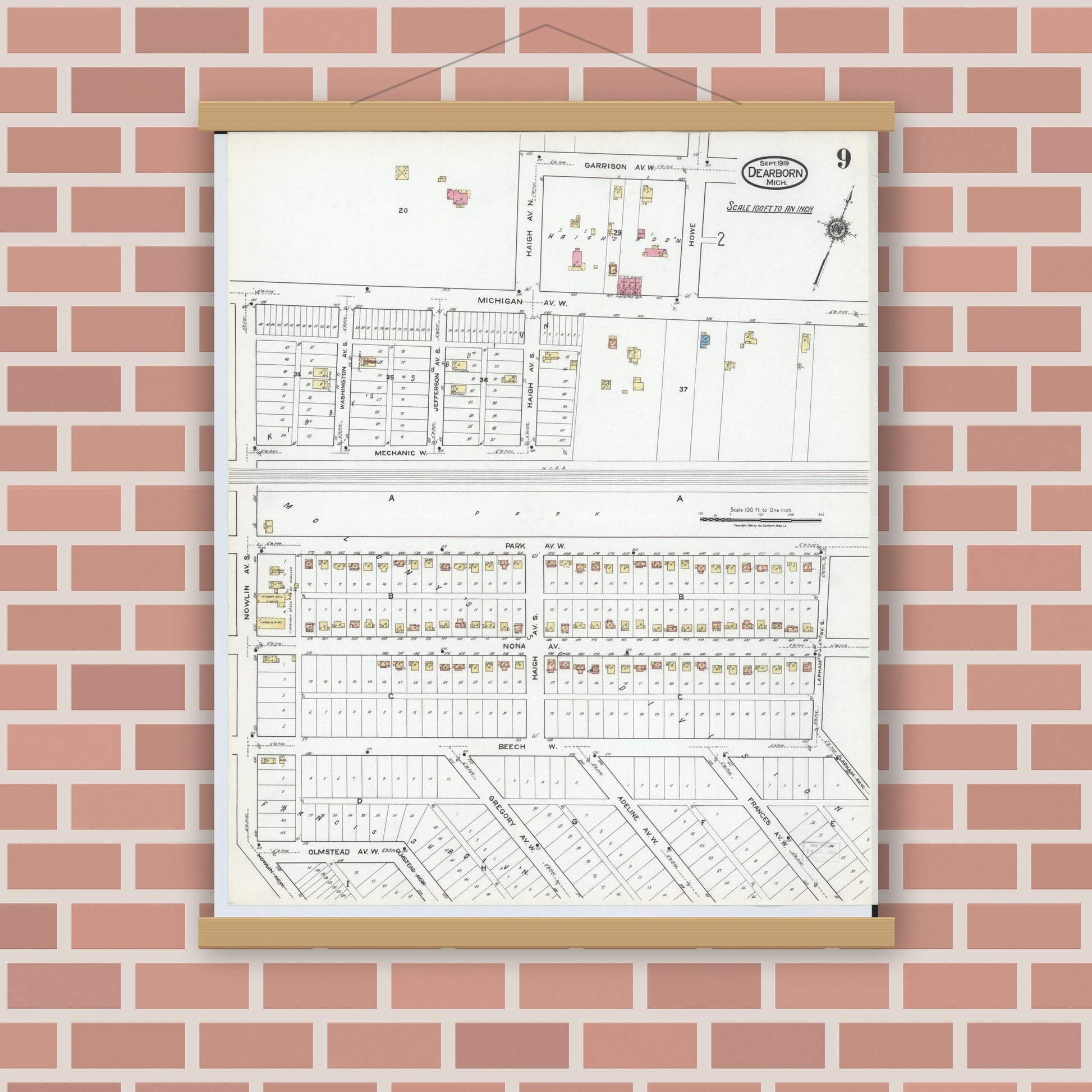 Old map wall art mockup — magnetic wood frame on brick wall — Sanborn Fire Insurance Map from Dearborn, Wayne County, Michigan (1919), Sheet #0009