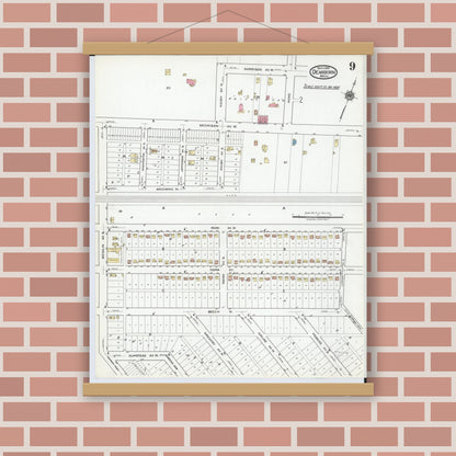 Old map wall art mockup — magnetic wood frame on brick wall — Sanborn Fire Insurance Map from Dearborn, Wayne County, Michigan (1919), Sheet #0009
