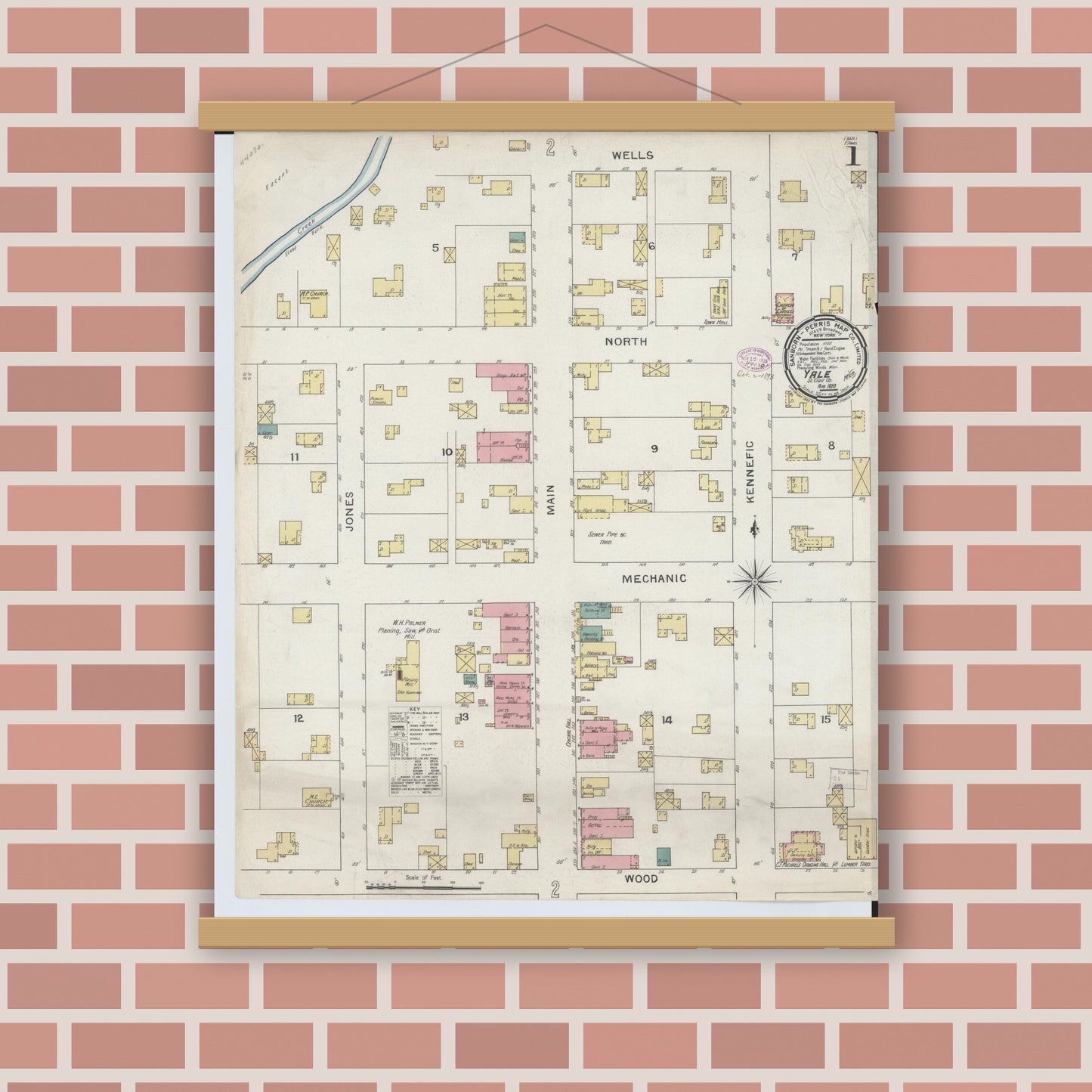 Old map wall art mockup — magnetic wood frame on brick wall — Sanborn Fire Insurance Map from Yale, Saint Clair County, Michigan (1893), Sheet #0001