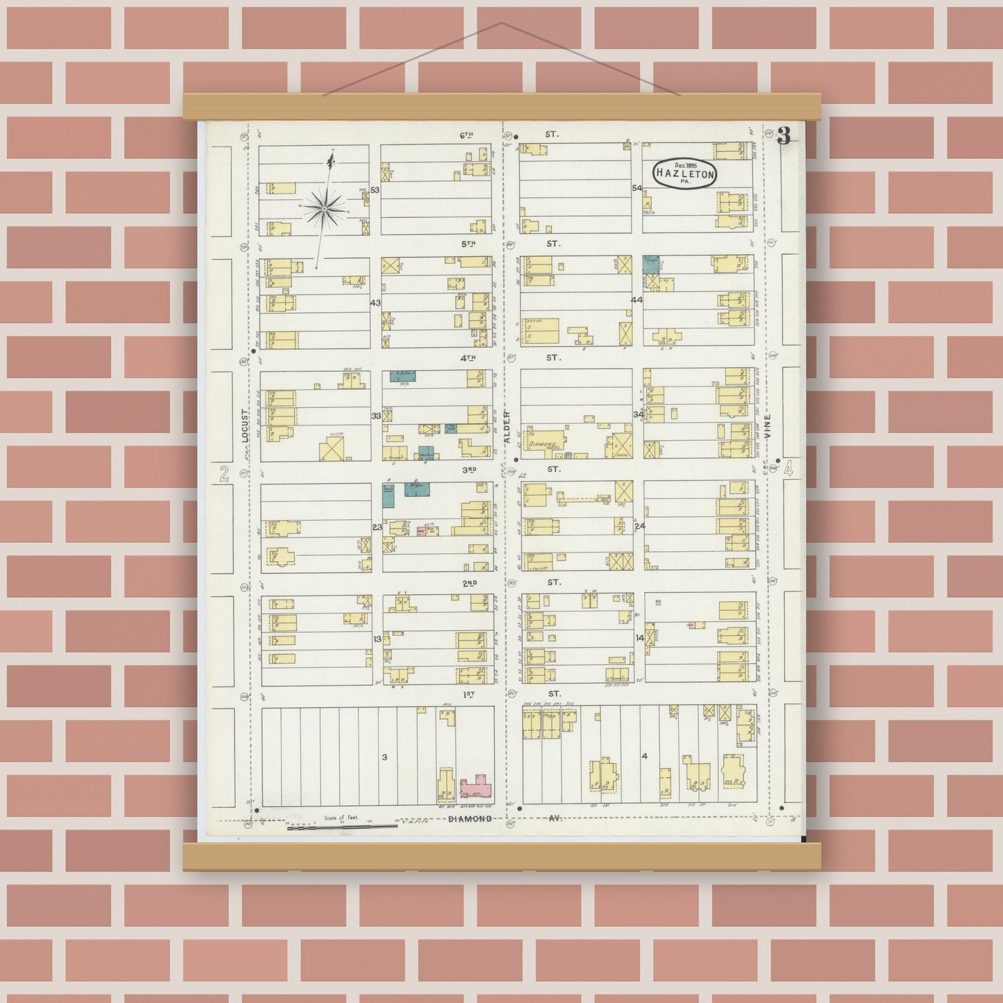 Old map wall art mockup — magnetic wood frame on brick wall — Sanborn Fire Insurance Map from Hazleton, Luzerne County, Pennsylvania (1895), Sheet #0003