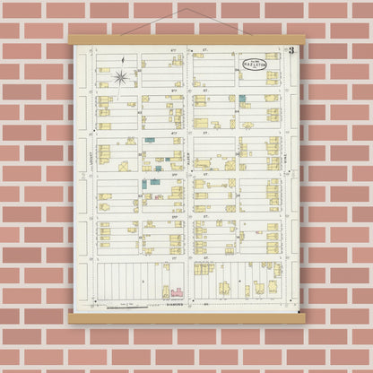 Old map wall art mockup — magnetic wood frame on brick wall — Sanborn Fire Insurance Map from Hazleton, Luzerne County, Pennsylvania (1895), Sheet #0003