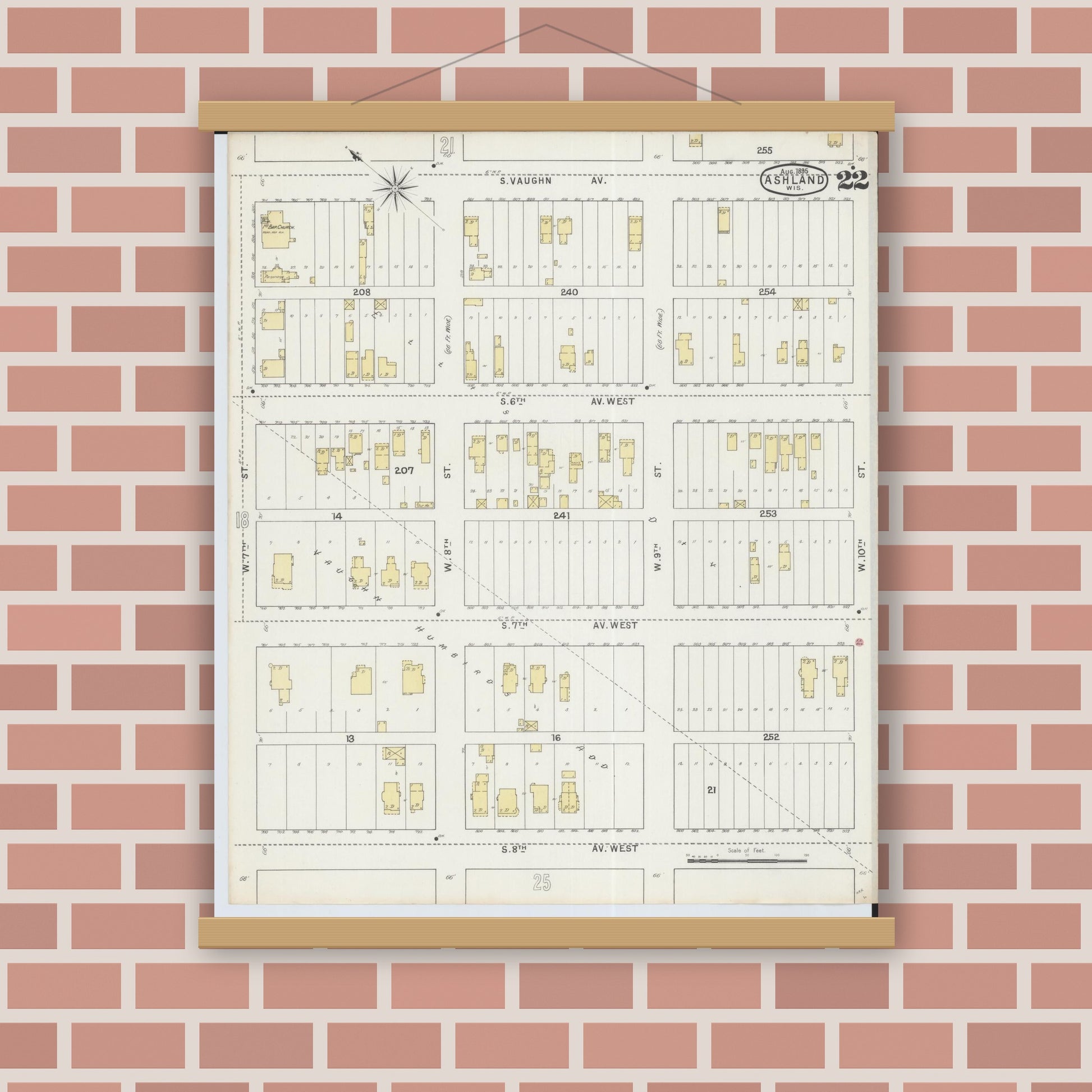 Old map wall art mockup — magnetic wood frame on brick wall — Sanborn Fire Insurance Map from Ashland, Ashland County, Wisconsin (1895), Sheet #0022