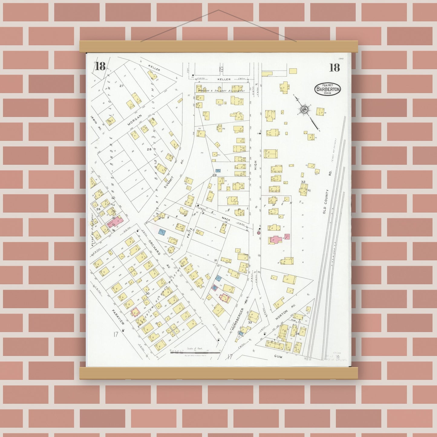 Old map wall art mockup — magnetic wood frame on brick wall — Sanborn Fire Insurance Map from Barberton, Summit County, Ohio (1927), Sheet #0018