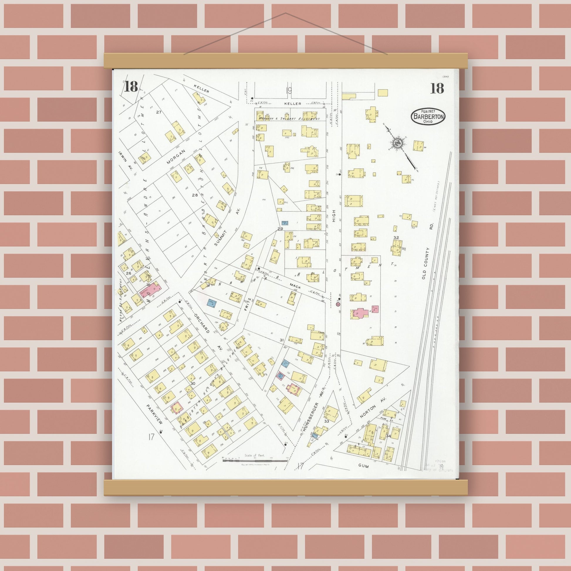 Old map wall art mockup — magnetic wood frame on brick wall — Sanborn Fire Insurance Map from Barberton, Summit County, Ohio (1927), Sheet #0018