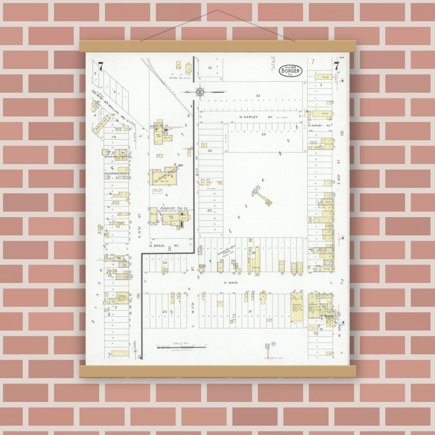 Old map wall art mockup — magnetic wood frame on brick wall — Sanborn Fire Insurance Map from Borger, Hutchinson County, Texas (1928), Sheet #0007