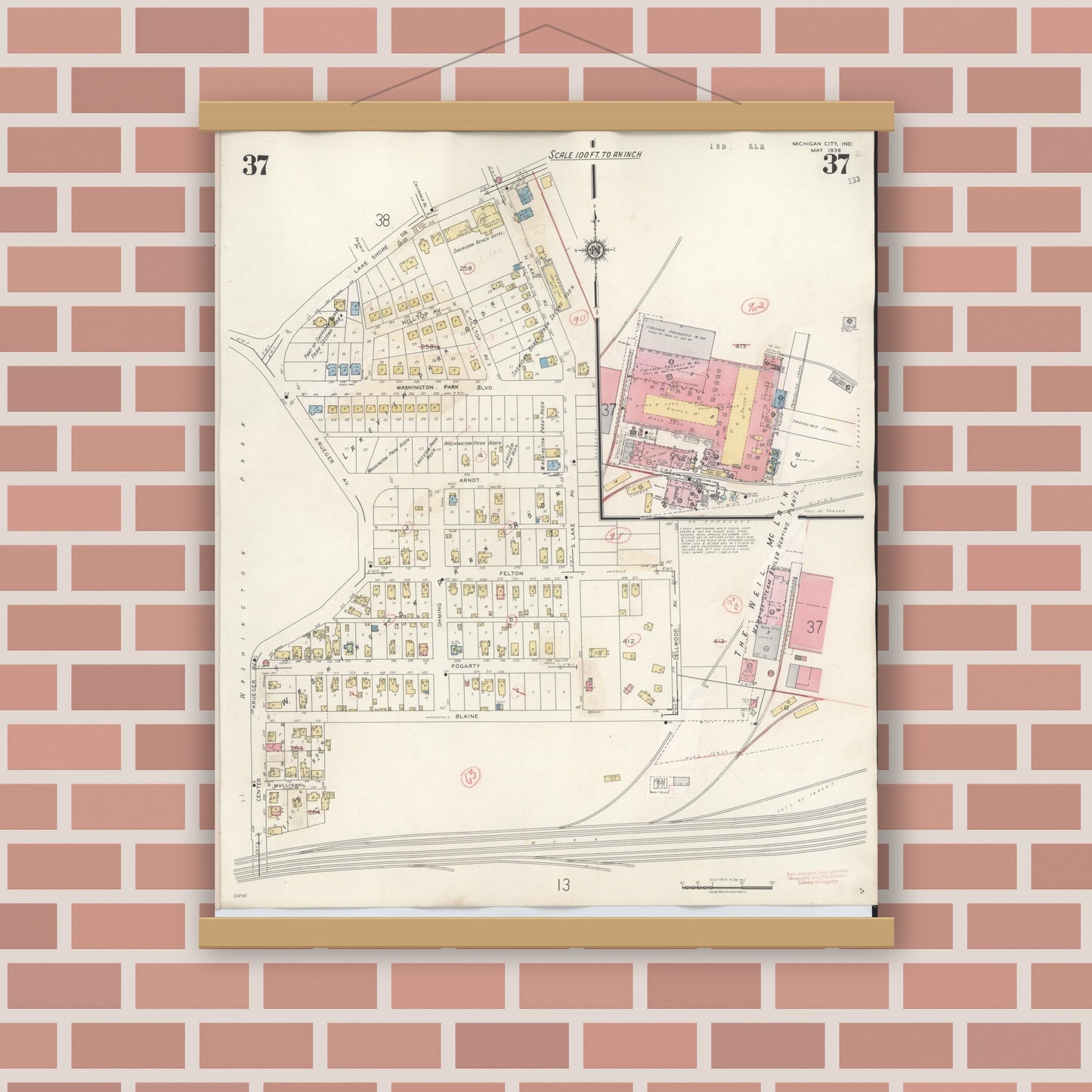 Old map wall art mockup — magnetic wood frame on brick wall — Sanborn Fire Insurance Map from Michigan City, La Porte County, Indiana (1948), Sheet #0037