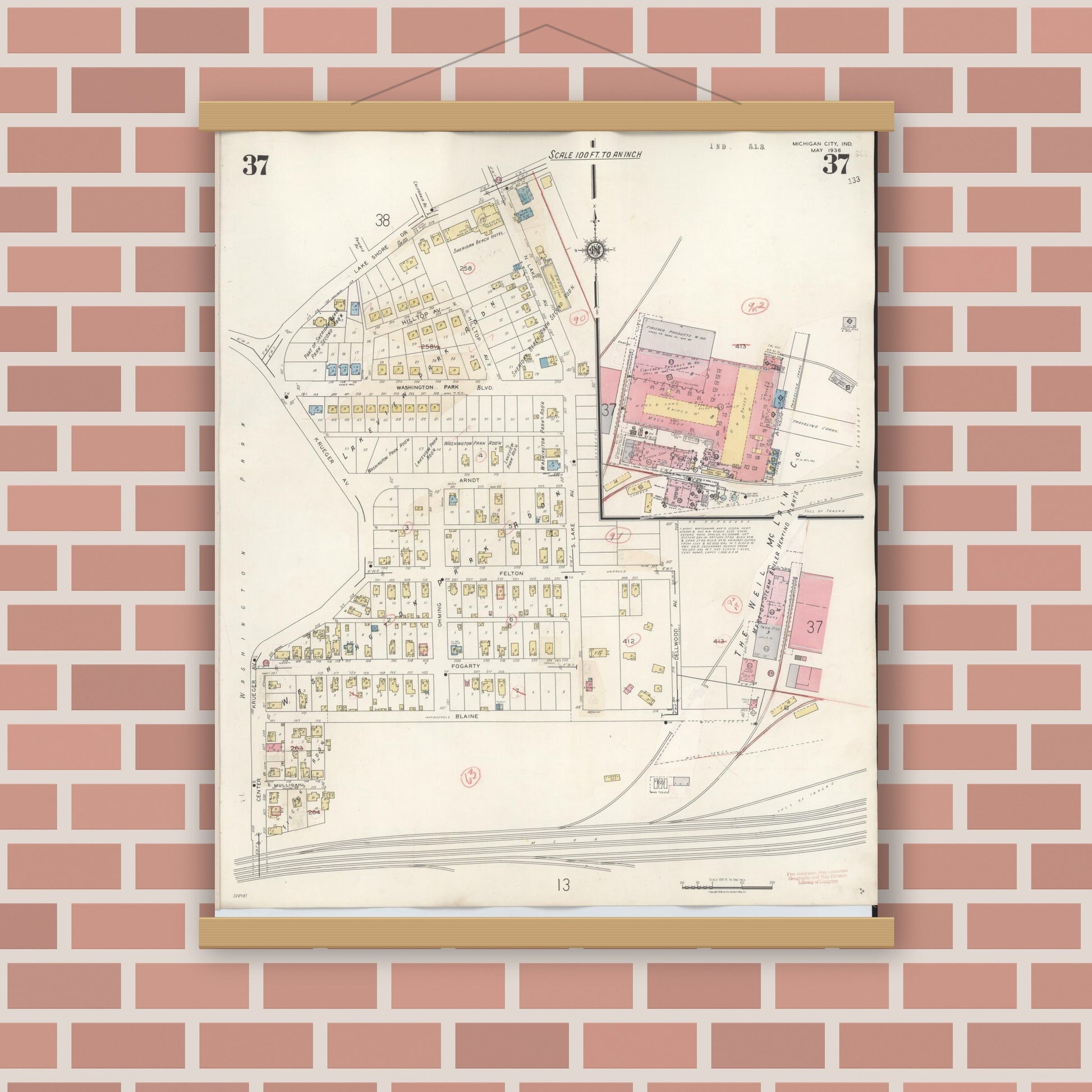 Old map wall art mockup — magnetic wood frame on brick wall — Sanborn Fire Insurance Map from Michigan City, La Porte County, Indiana (1948), Sheet #0037
