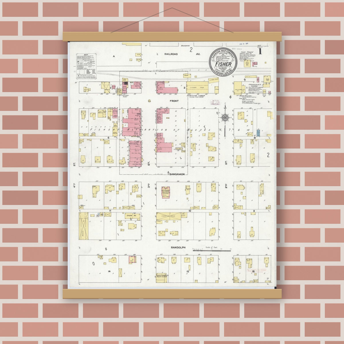 Old map wall art mockup — magnetic wood frame on brick wall — Sanborn Fire Insurance Map from Fisher, Champaign County, Illinois (1911) - Complete Map Set