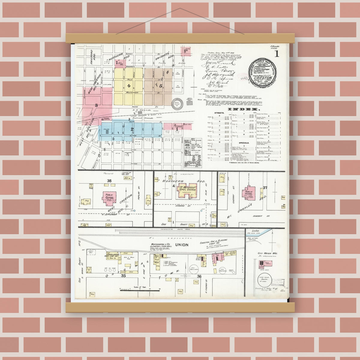 Old map wall art mockup — magnetic wood frame on brick wall — Sanborn Fire Insurance Map from Creston, Union County, Iowa (1891) â€” Complete Set