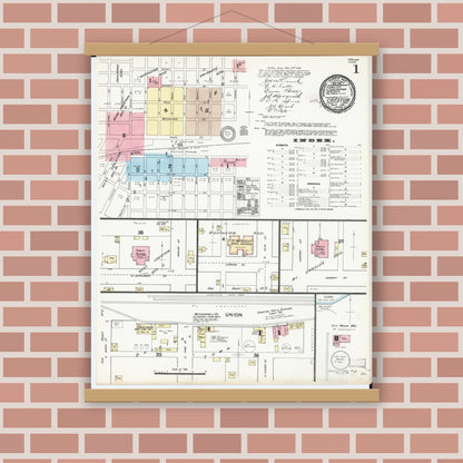 Old map wall art mockup — magnetic wood frame on brick wall — Sanborn Fire Insurance Map from Creston, Union County, Iowa (1891) â€” Complete Set