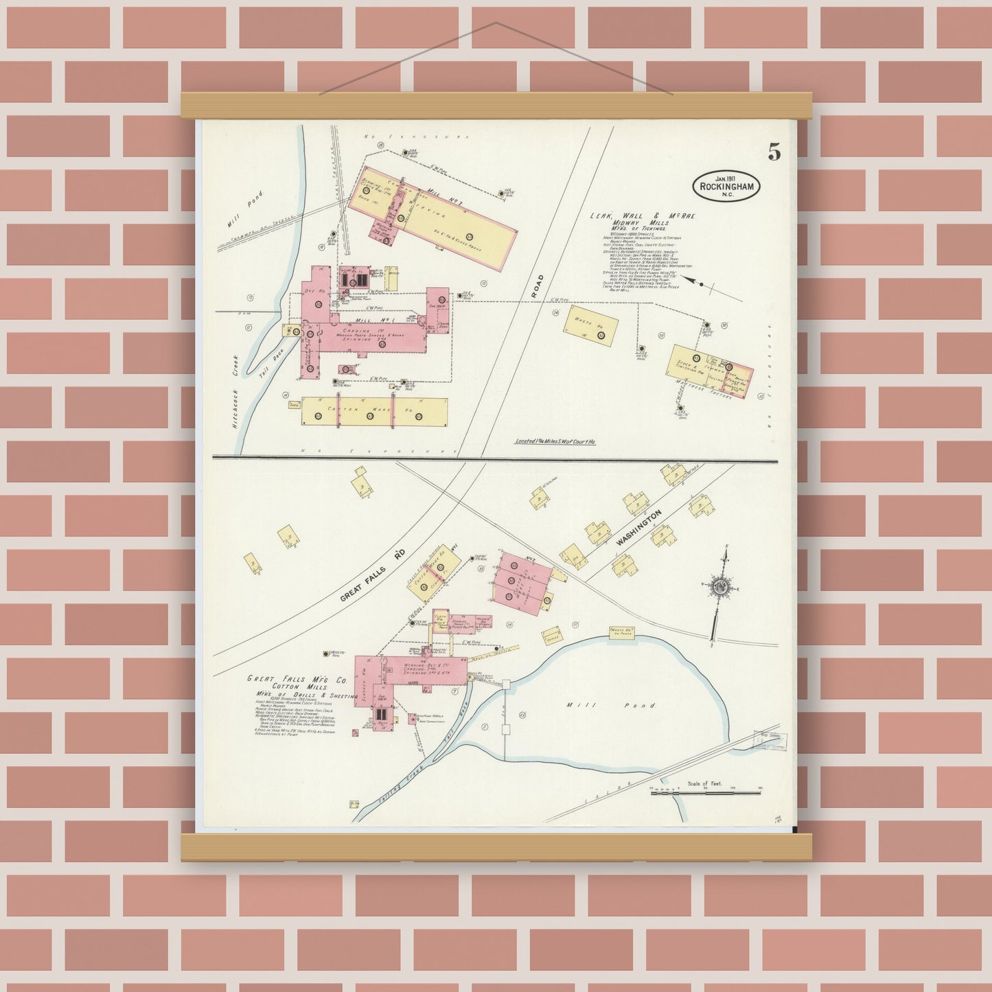 Old map wall art mockup — magnetic wood frame on brick wall — Sanborn Fire Insurance Map from Rockingham, Richmond County, North Carolina (1911), Sheet #0005