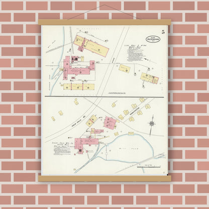 Old map wall art mockup — magnetic wood frame on brick wall — Sanborn Fire Insurance Map from Rockingham, Richmond County, North Carolina (1911), Sheet #0005