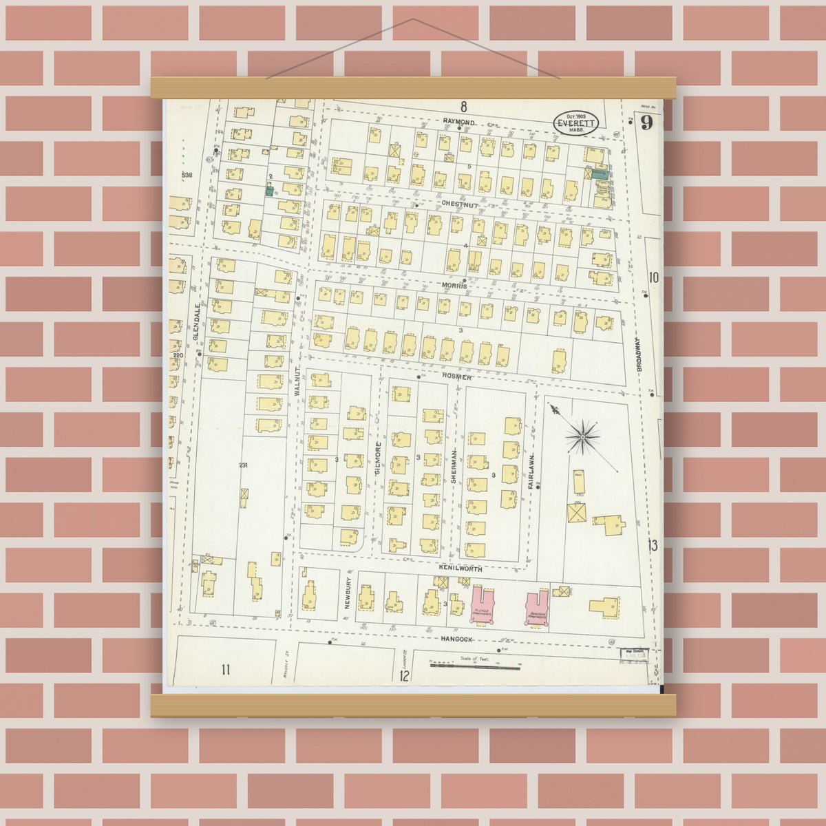 Old map wall art mockup — magnetic wood frame on brick wall — Sanborn Fire Insurance Map from Everett, Middlesex County, Massachusetts (1903), Sheet #0009