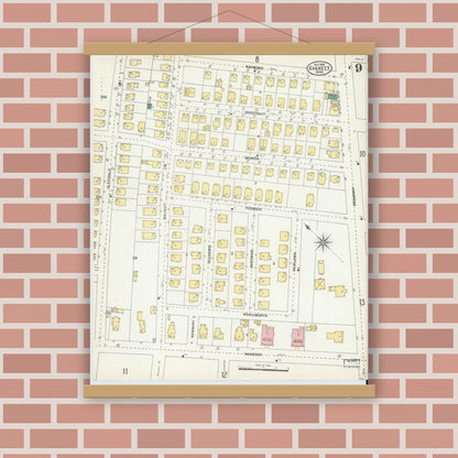 Old map wall art mockup — magnetic wood frame on brick wall — Sanborn Fire Insurance Map from Everett, Middlesex County, Massachusetts (1903), Sheet #0009