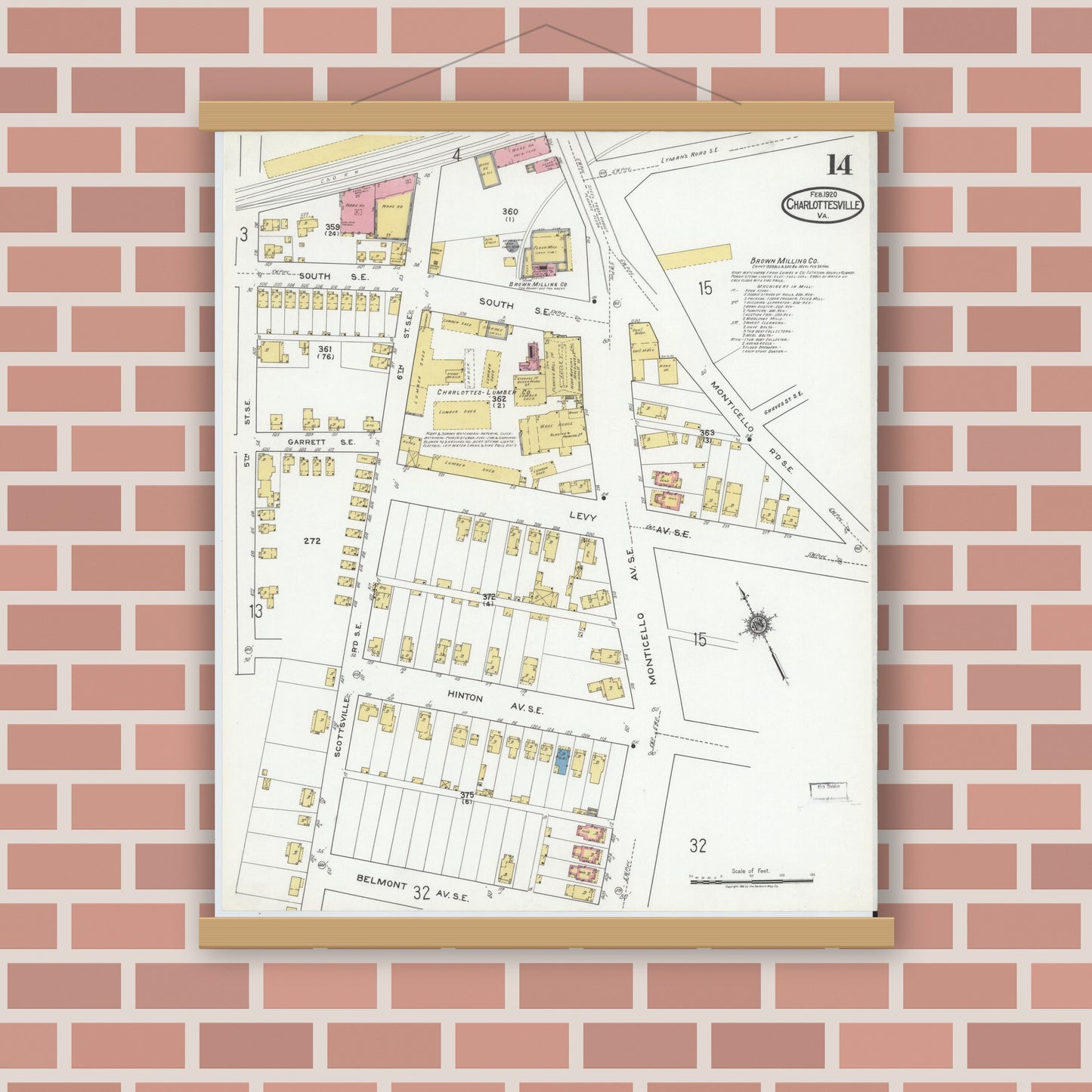 Old map wall art mockup — magnetic wood frame on brick wall — Sanborn Fire Insurance Map from Charlottesville, Independent Cities, Virginia (1920), Sheet #0014