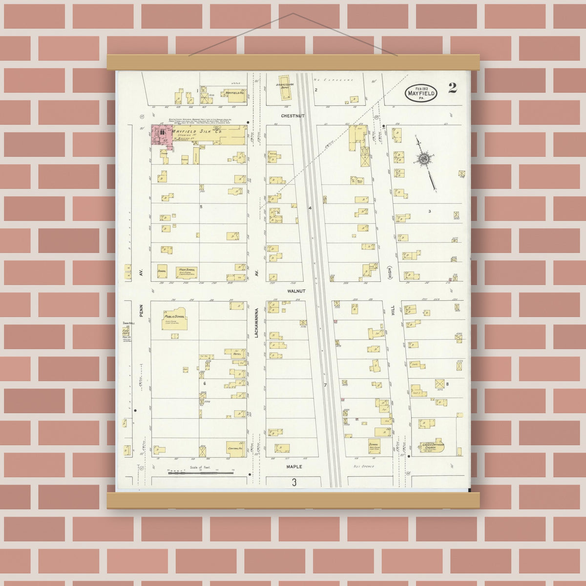 Old map wall art mockup — magnetic wood frame on brick wall — Sanborn Fire Insurance Map from Mayfield, Lackawanna County, Pennsylvania (1912), Sheet #0002