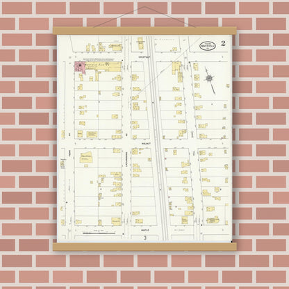 Old map wall art mockup — magnetic wood frame on brick wall — Sanborn Fire Insurance Map from Mayfield, Lackawanna County, Pennsylvania (1912), Sheet #0002
