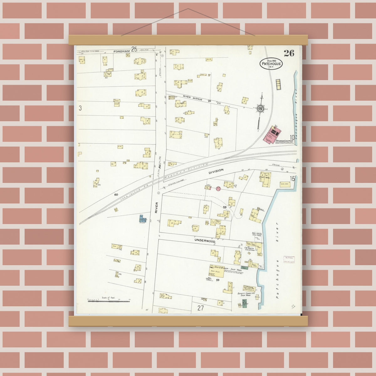 Old map wall art mockup — magnetic wood frame on brick wall — Sanborn Fire Insurance Map from Patchogue, Suffolk County, New York (1910), Sheet #0026