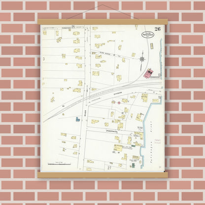 Old map wall art mockup — magnetic wood frame on brick wall — Sanborn Fire Insurance Map from Patchogue, Suffolk County, New York (1910), Sheet #0026
