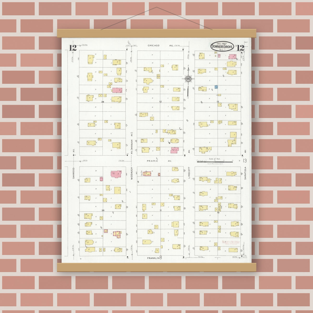 Old map wall art mockup — magnetic wood frame on brick wall — Sanborn Fire Insurance Map from Downers Grove, Dupage County, Illinois (1927), Sheet #0012