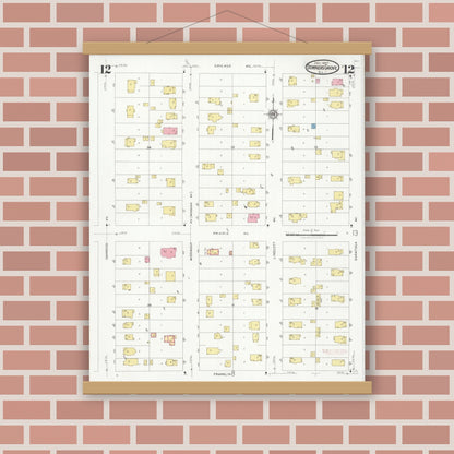 Old map wall art mockup — magnetic wood frame on brick wall — Sanborn Fire Insurance Map from Downers Grove, Dupage County, Illinois (1927), Sheet #0012