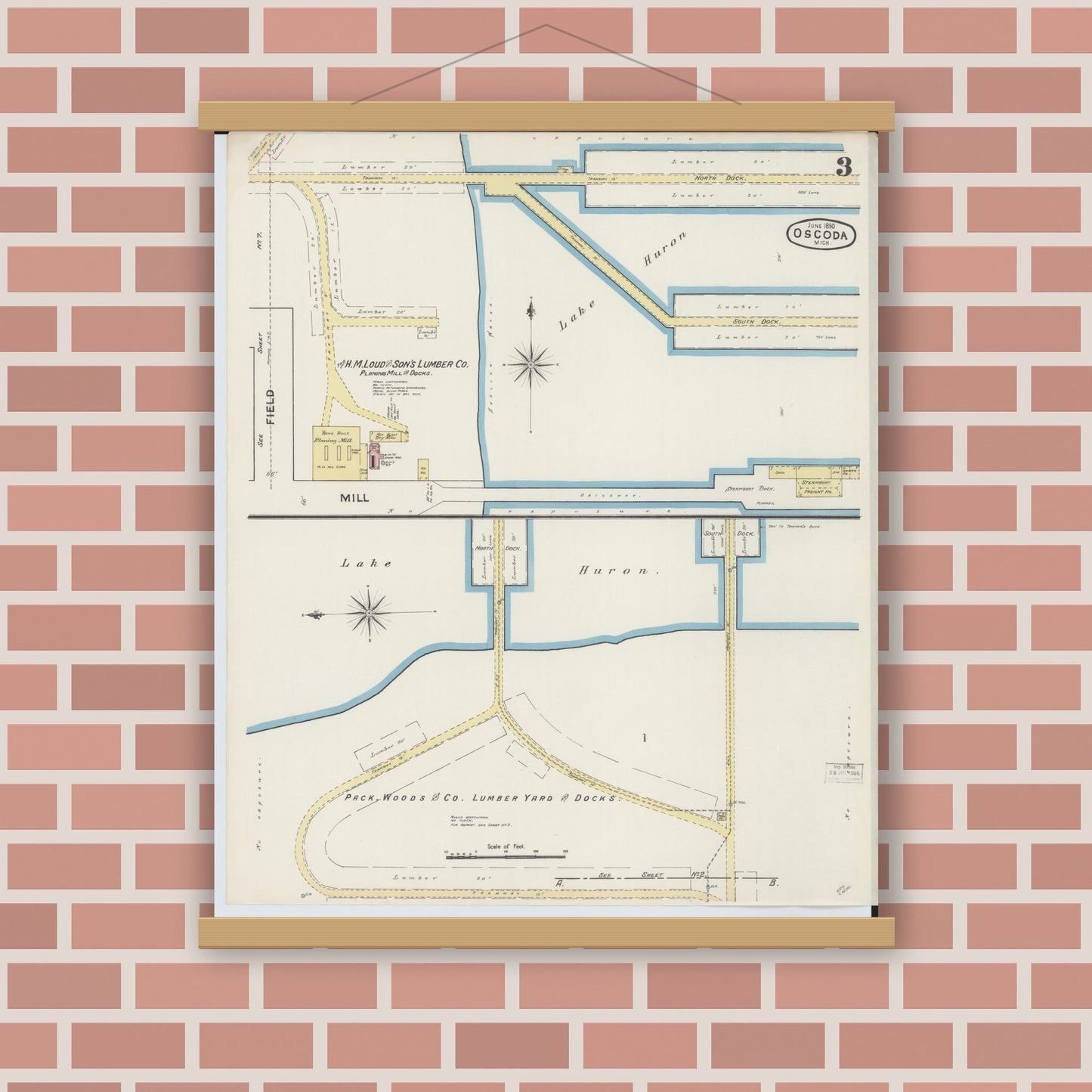 Old map wall art mockup — magnetic wood frame on brick wall — Sanborn Fire Insurance Map from Oscoda, Iosco County, Michigan (1890), Sheet #0003