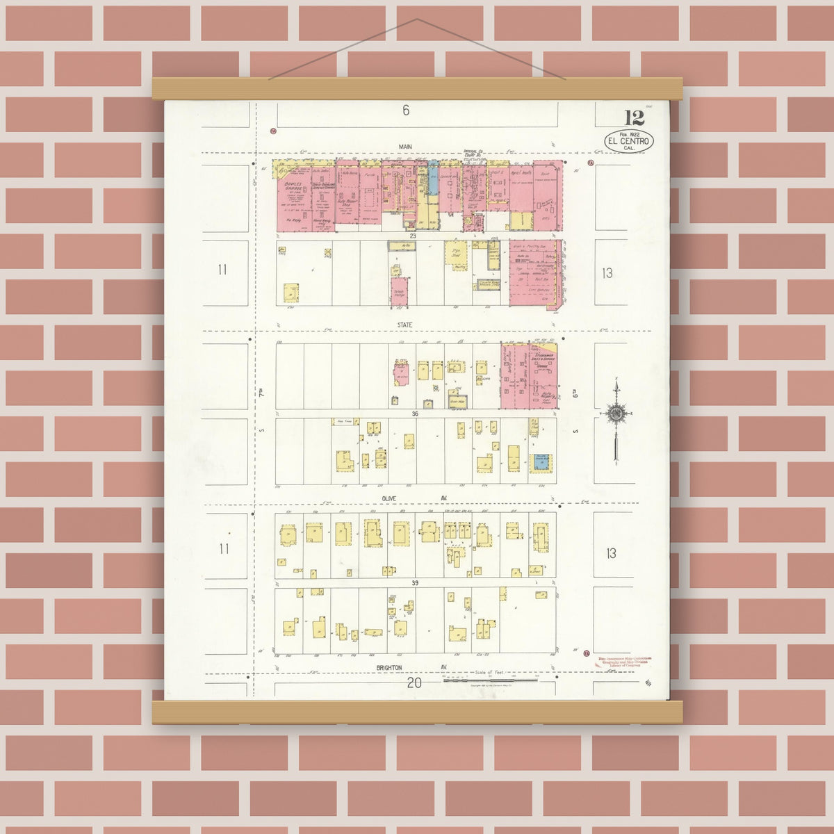 Old map wall art mockup — magnetic wood frame on brick wall — Sanborn Fire Insurance Map from El Centro, Imperial County, California (1922), Sheet #0012