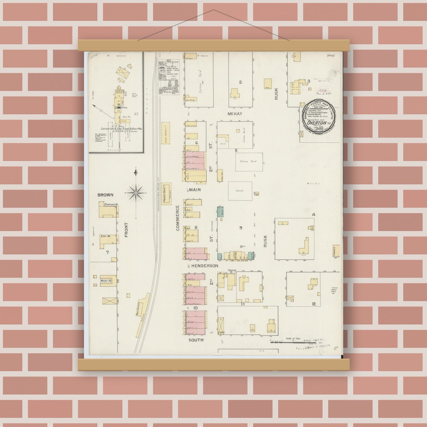 Old map wall art mockup — magnetic wood frame on brick wall — Sanborn Fire Insurance Map from Overton, Rusk County, Texas (1893), Sheet #0001
