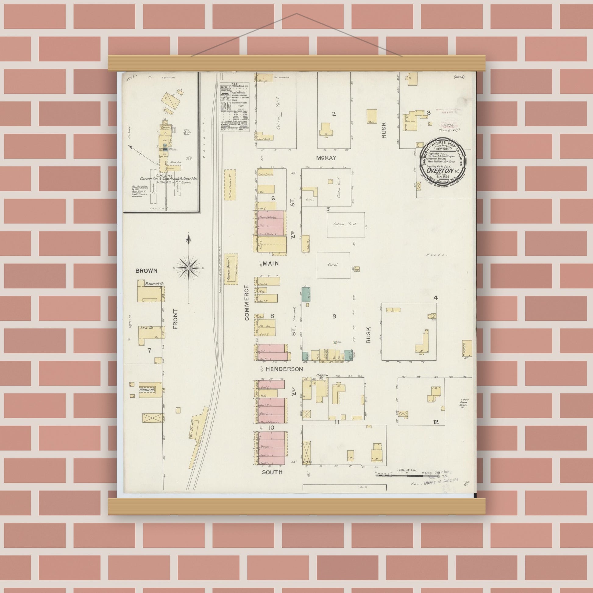 Old map wall art mockup — magnetic wood frame on brick wall — Sanborn Fire Insurance Map from Overton, Rusk County, Texas (1893), Sheet #0001
