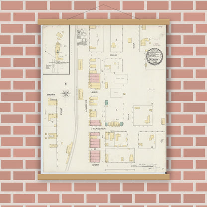 Old map wall art mockup — magnetic wood frame on brick wall — Sanborn Fire Insurance Map from Overton, Rusk County, Texas (1893), Sheet #0001