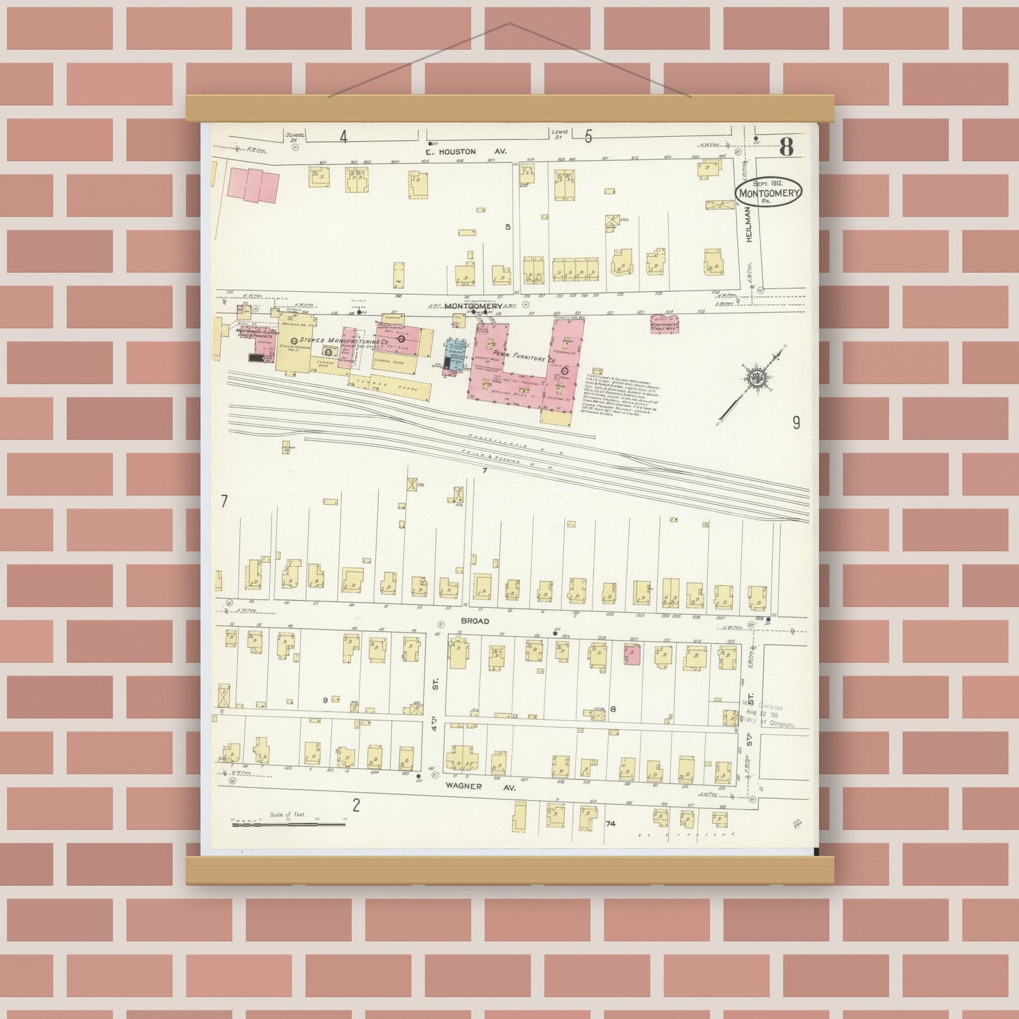 Old map wall art mockup — magnetic wood frame on brick wall — Sanborn Fire Insurance Map from Montgomery, Lycoming County, Pennsylvania (1912), Sheet #0008