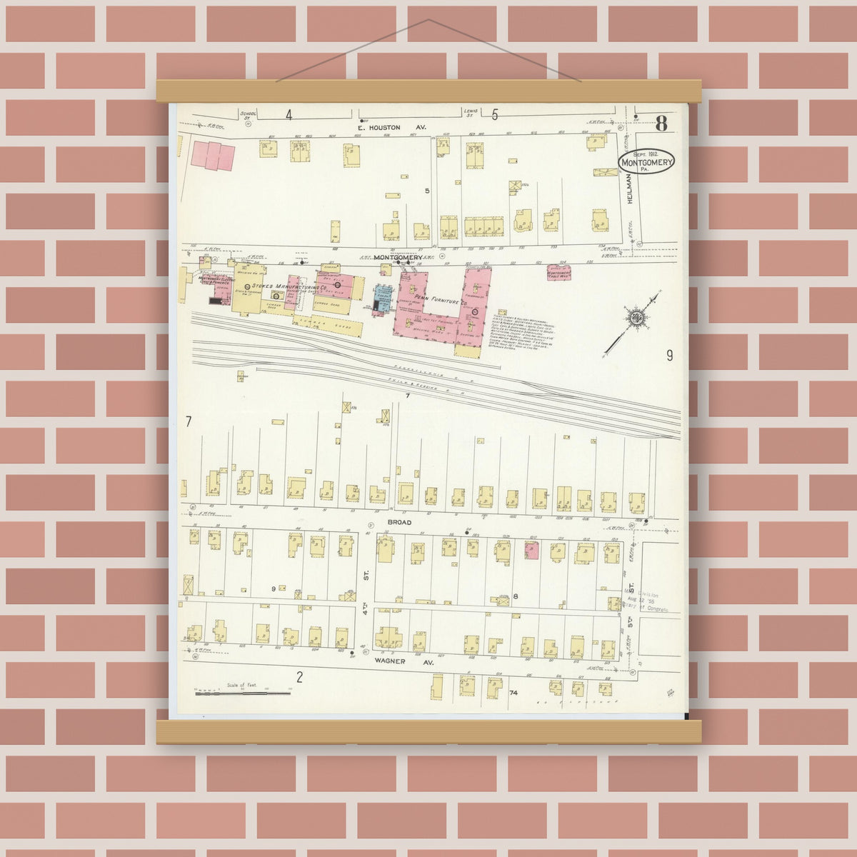 Old map wall art mockup — magnetic wood frame on brick wall — Sanborn Fire Insurance Map from Montgomery, Lycoming County, Pennsylvania (1912), Sheet #0008