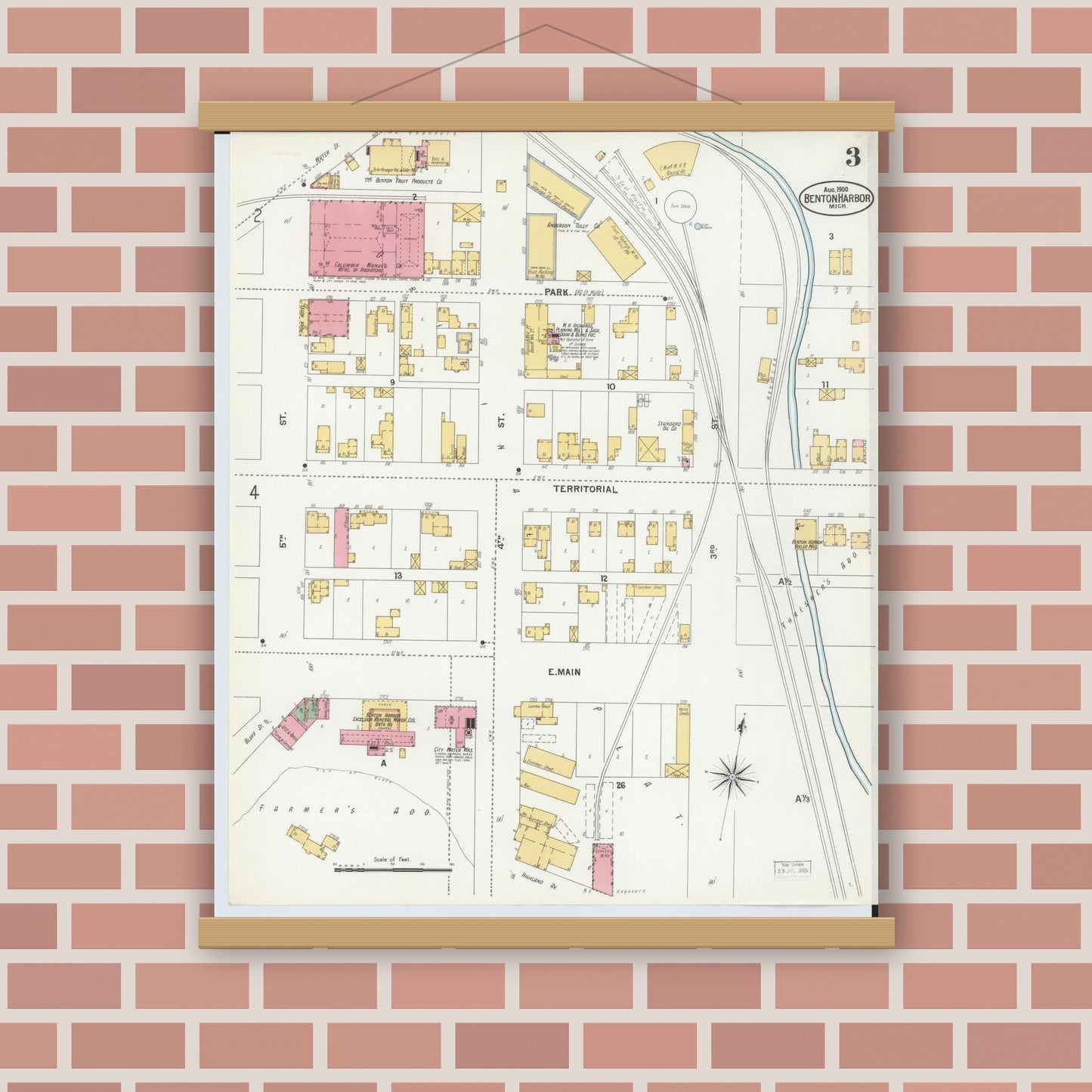 Old map wall art mockup — magnetic wood frame on brick wall — Sanborn Fire Insurance Map from Benton Harbor, Berrien County, Michigan (1900), Sheet #0003