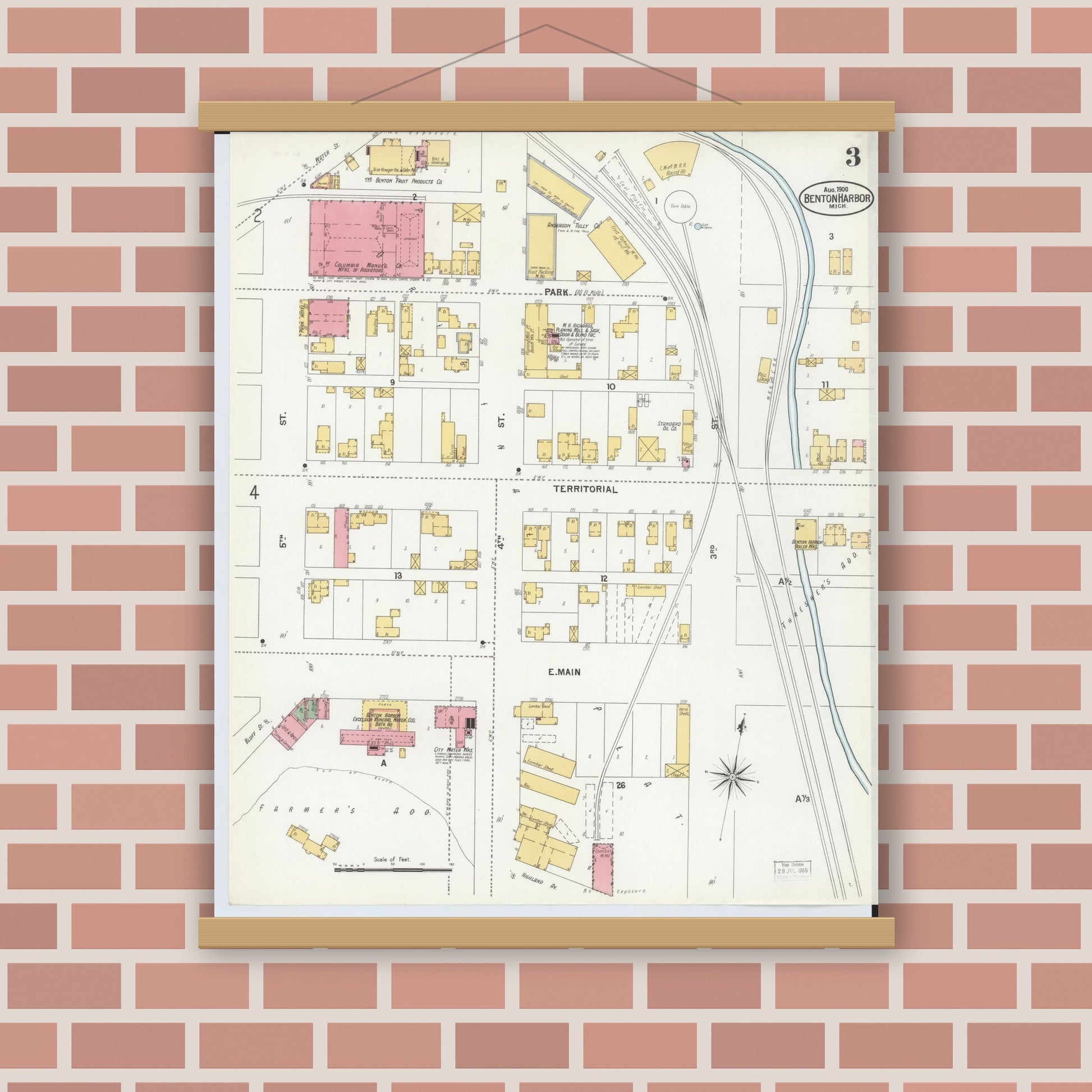 Old map wall art mockup — magnetic wood frame on brick wall — Sanborn Fire Insurance Map from Benton Harbor, Berrien County, Michigan (1900), Sheet #0003